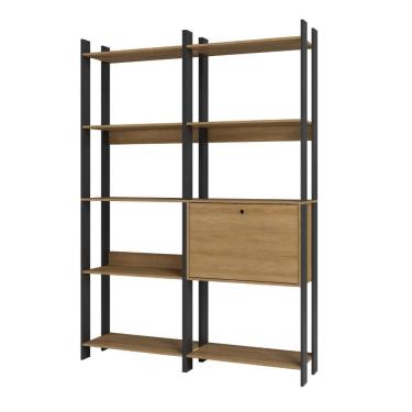 Imagem de  Kit 2 Estantes para Livros 1 Porta 10 Prateleiras Estilo Industrial Lâmina Madeira/Pre...