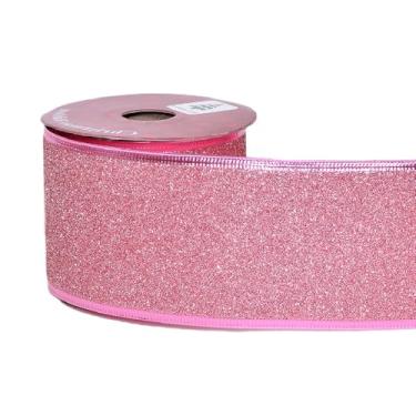 Imagem de YAMA Fita de glitter rosa com fio para árvore de Natal 6,3 cm x 10 metros, fita metálica brilhante de Natal com fio para embrulho de presente, festa de casamento, laços de artesanato DIY e buquê de