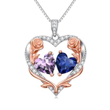 Imagem de Zoeniya Colar de coração rosa para mulheres banhado a ouro branco 18 k 12 meses com pedra do mês de nascimento, presente de aniversário e Natal para sua esposa, namorada, 25mm, base, Zircônia cúbica