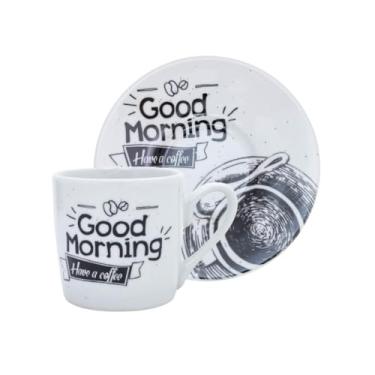 Imagem de Conjunto De Xícaras 80ml De Porcelana Com Pires Chá Café Da Manhã Coffee Selecione Modelo (Good Morning)