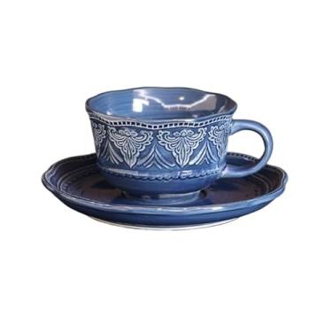 Imagem de Caneca de café de cerâmica Xícara de café e pires com padrão vintage em relevo, caneca requintada pintada à mão comercial, xícara chá