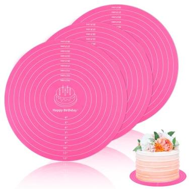 Imagem de 3 peças de tapete de silicone redondo de silicone para assar tapetes de bolo com medidas para suporte de mesa giratória de bolo, folha de pastelaria, antiaderente e resistente ao calor (rosa)