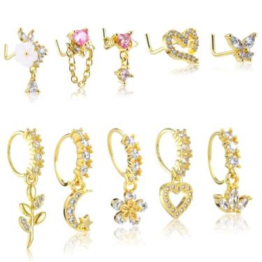 Imagem de 10 peças de argolas de nariz pendentes para mulheres, anéis dourados em forma de L, brincos pendentes de septo, piercing de nariz, conjunto de joias, berloque, coração, lua, forma de borboleta, anéis