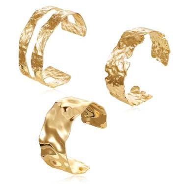 Imagem de Vegolita Pulseira feminina banhada a ouro 18K martelado irregular com punho grosso e largo aberto pulseira ajustável, latão banhado a ouro, Sem Pedra Preciosa