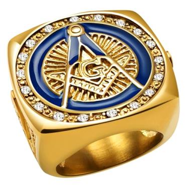 Imagem de Oaldilee Anéis maçônicos para homens, aço inoxidável 316L/ouro real 18K/joia maçônica de metal preto, anel de pedreiro punk motociclista, tamanho 7-12, Metal, Sem pedra preciosa