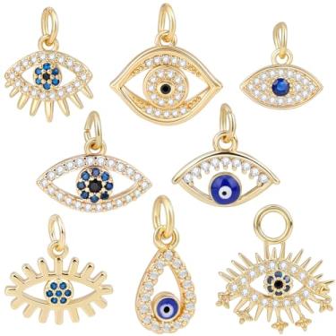 Imagem de Beebeecraft 1 caixa, 8 peças, 8 estilos, zircônia cúbica, mau-olhado, berloques banhados a ouro 18 K, forma de gota de água, pingente turco grego turco, olho turco, para proteção da boa sorte