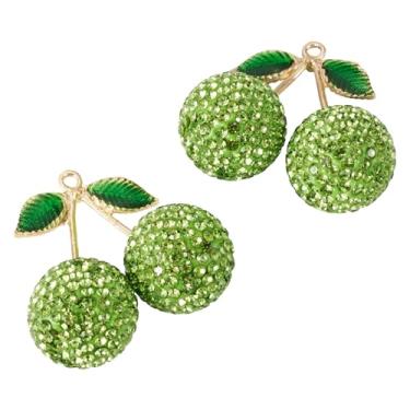 Imagem de KISSITTY 2 peças pingentes de strass cereja 3D frutas cor verde cristal liga de metal pingentes pendentes com folha para artesanato DIY brinco colar chaveiro decoração de joias