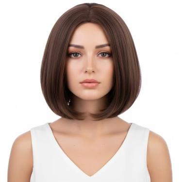 Imagem de WAVELNM Peruca infantil marrom bob, para meninas, marrom claro, parte média, para crianças, peruca sintética para uso diário em festas de Halloween