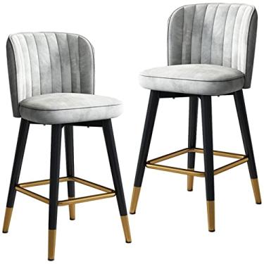 Imagem de Cadeira alta giratória de veludo encosto banco de bar 2 peças, banco de bar de recepção de balcão de cozinha doméstico com pernas pretas e apoio para os pés cromado dourado (tamanho: 55 cm, cor: cinza
