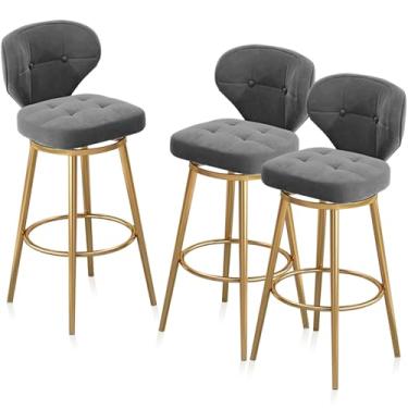 Imagem de Conjunto de 3 banquetas de bar giratórias com altura de barra cinza com pernas de metal com banco estofado traseiro para bar/restaurante de café da manhã, 75 cm