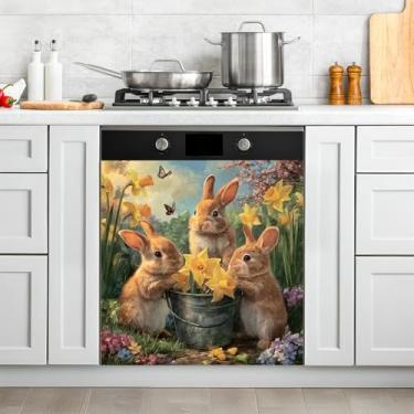 Imagem de Capa magnética para máquina de lavar louça, porta da frente, vintage, ímã de geladeira, decoração Highland Cow, adesivo magnético para utensílios de cozinha (coelhos, 58 cm C x 66 A)