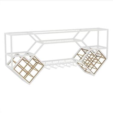 Imagem de Prateleira de vinho montada na parede - Prateleiras grandes de barra de metal, suporte de vinho industrial flutuante com luz LED, prateleira criativa para exibição de garrafa de licor e suporte de