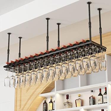 Imagem de Rack de vinho montado na parede, prateleira de teto de metal preto suporte de garrafa de vinho para armário de cozinha bar, suporte de armazenamento de vinho com taça/taça - preto (tamanho: 60 x 30)