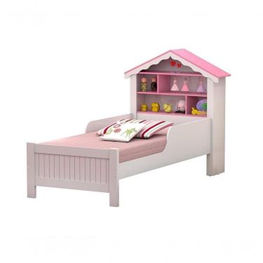 Imagem de Cama Infantil Casinha Princesa com Nichos e Grade de Proteção em MDF Rosa Vitamov