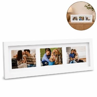 Imagem de Mural de Fotos 55x18cm Porta Retrato para 3 Imagens com Proteção em Vidro Design Moderno Madeira Branco