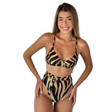Imagem de Biquíni  Meia Taça Bojo Hot Pant  Com Cinto Zebra Dourada - Mf Fashion