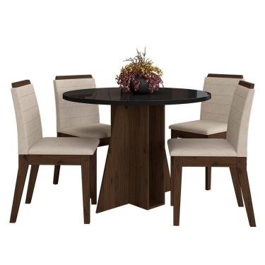 Imagem de Mesa Redonda Com Vidro 4 Cadeiras Bélgica Imbuia/preto/bege - M.a