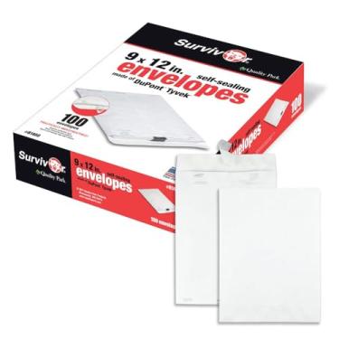 Imagem de Quality Park Envelopes de catálogo Survivor 9 x 12 feitos com material DuPont Tyvek, autovedante, resistente a perfurações, rasgos e umidade, 100/caixa (QUAR1460)