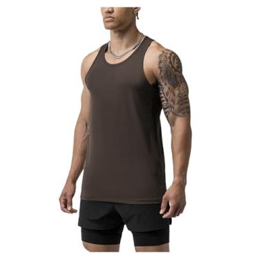 Imagem de Camiseta regata masculina com estampa de letras e gola redonda, malha respirável, costas nadador, Marrom, XXG