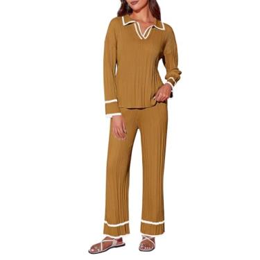 Imagem de Imily Bela Conjunto feminino de 2 peças, blusa de manga comprida, calça de perna larga, conjunto casual com nervuras combinando, Caqui, Medium