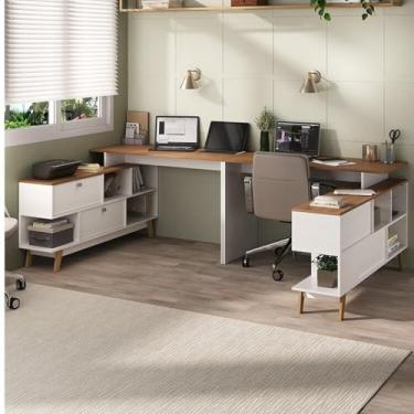 Imagem de Kit 2 Mesas para Escritório Escrivaninha em L Retrô 136x120cm Branco/nogal Branco