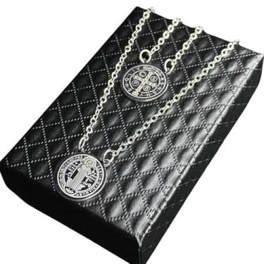 Imagem de Escapulário São Bento Prateado em Aço Inox 316 Para Presente Colar Corrente Cordão Masculino Feminino