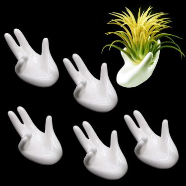 Imagem de Pacote com 6 suportes de cerâmica para plantas, suporte para plantas de aviação Tillandsia em forma de mão, recipiente para vaso de mesa, prateleiras de mão para materiais de decoração de home office (branco)