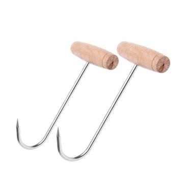 Imagem de FiboPawer Pacote com 2 ganchos de feno de cavalo - Gancho de aço resistente de 24 cm para fardos de feno, feno de cavalo, inclui ganchos S para pendurar, cabo de madeira para aderência confortável