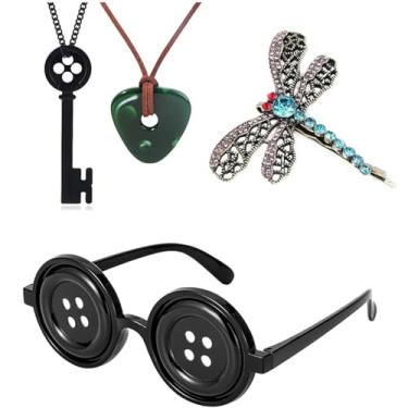 Imagem de Generic XHBTS Conjunto de adesivos de clipe de cabelo com botões e olhos Coraline, colar de pedras para ver pedras e acessórios de joias de Halloween, verde, Pedra preciosa, Sem Pedra Preciosa