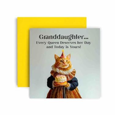 Imagem de Huxters Cartão engraçado de feliz aniversário para neta - Every Queen Cat Merves Her Day Gift Card for Her Card for Her Granddaughter - 14,8 cm (neta)
