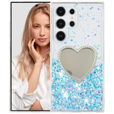 Imagem de Ephoou Capa luminosa que brilha no escuro para Samsung Galaxy S24 Ultra (não S24), glitter macio de TPU com espelho de maquiagem em forma de coração, capa protetora fina fluorescente para Galaxy S24