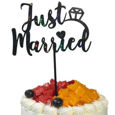 Imagem de Just Married Cake Topper with Ring – Wedding Cake Decoration – Elegant Modern Script – Perfect for Weddings, Engagements, Bridal Showers (Black)