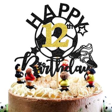 Imagem de Topo de bolo de futebol com glitter, feliz aniversário de 12 anos, brinquedos para jogadores de futebol / decorações de bolo de festa com tema de futebol de 12 anos, suprimentos de decoração de festa
