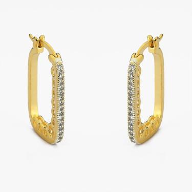 Imagem de Brinco Argola Retangular Folheada A Ouro 18k Metade Cravejada Com Zircônia