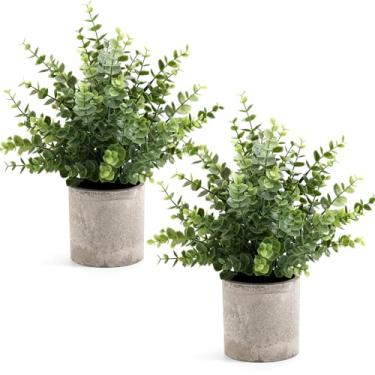 Imagem de Coferset Pacote com 2 plantas falsas pequenas, plantas artificiais de eucalipto de 35,5 cm, para prateleira, mesa, banheiro, casa de fazenda, sala de café, decoração (verde sálvia-grande)