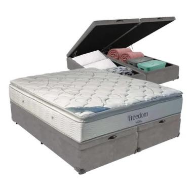 Imagem de Cama Box Báu Queen Bipartido Suede Cinza + Colchão de Molas Ensacadas Freedom - Estrutura Reforçada - Imperium do Sono