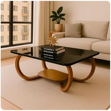 Imagem de Mesa De Centro Tampo De Vidro Laqueado Base Madeira - Gaia (Preto)