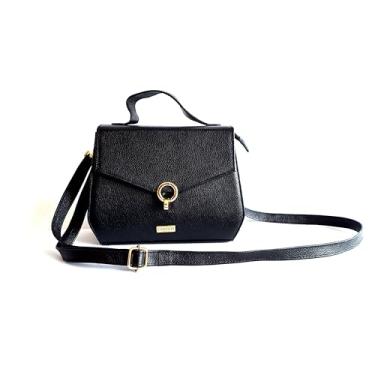 Imagem de Bolsa Transversal Feminina de Couro Legítimo, Preta, com Alça Ajustável e Fecho Dourado