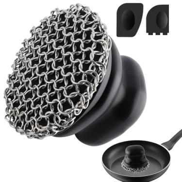 Imagem de Esfregão de ferro fundido com alça ergonômica, esfregão de frigideira de ferro fundido 316 para panelas de ferro fundido, 1 limpador de corrente e 2 raspadores de grelha para limpeza segura