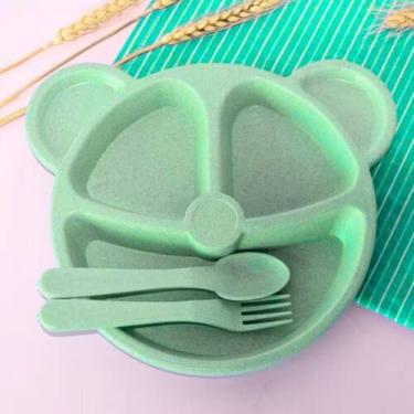 Imagem de Kit Alimentação Urso com 3 Divisórias Infantil c/ talheres Colorido Cr
