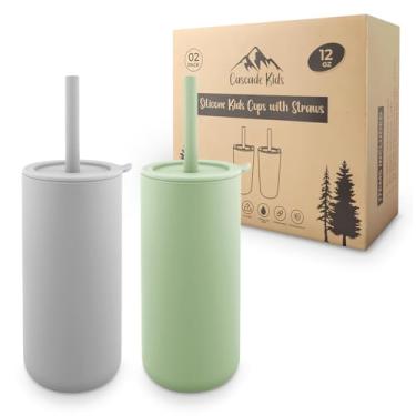 Imagem de Cascade Kids Copos infantis de silicone com canudos e tampas, (pacote com 2), não plástico, livre de BPA, inquebrável, à prova de cheiro, para crianças de 3 a 5 anos, verde sálvia, cinza pedra