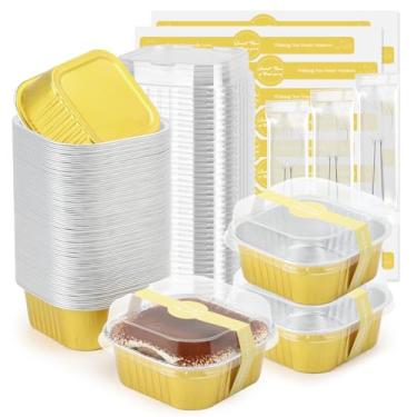 Imagem de Ruckae Mini formas quadradas de 142 g, 100 peças, com tampas, recipientes de sobremesa descartáveis, mini formas de bolo com tampas, copos de sobremesa de alumínio para festas e casamentos (ouro, 142