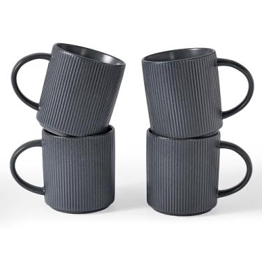 Imagem de famiware Conjunto de canecas de café para 4, Star 473 ml, conjunto de canecas de bufê com alça para café, chá, cacau, leite - conjunto de utensílios de cerâmica de grés, carvão escuro fosco