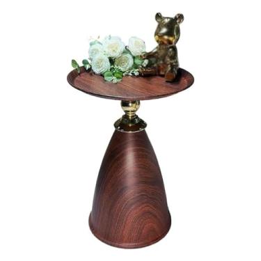 Imagem de HGTRH Mesas laterais redondas para sala de estar, mesa lateral de sofá com acabamento de textura de madeira de aço inoxidável para pequenos espaços, quarto, sofá, varandas C