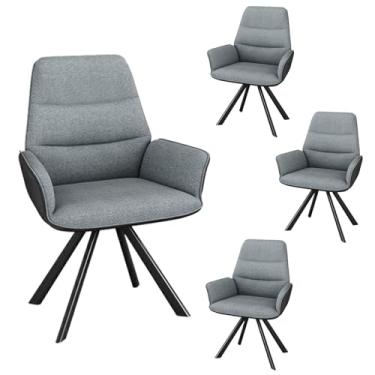 Imagem de Cadeiras de jantar giratórias, cadeira de cozinha estofada com encosto e apoio de braço algodão linho couro pana pernas de aço carbono capacidade de peso 299 kg azul 4 peças