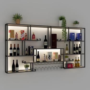 Imagem de HGTRH Rack de vinho montado na parede com luz LED, prateleiras flutuantes de metal para garrafas de vinho e suportes de taças, prateleira de armazenamento multifuncional rack de exibição de vinho para