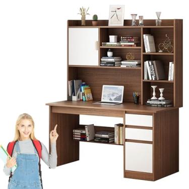 Imagem de Mesa de computador com gaiola e estante, mesa de escritório moderna em casa com gavetas, mesa de jogos, mesa de escrita, mesa de trabalho, mesa de trabalho para trabalhar e estudar placa de densidade