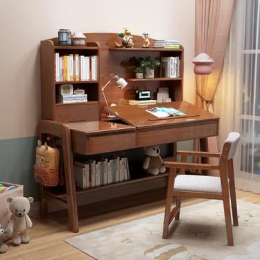 Imagem de Yadlan Mesa de estudo com gavetas em ambos os lados, altura ajustável e inclinada de 0 a 60°, mesa infantil com estante para crianças de 5 a 12 anos, mesa de escrita para espaços pequenos, cor