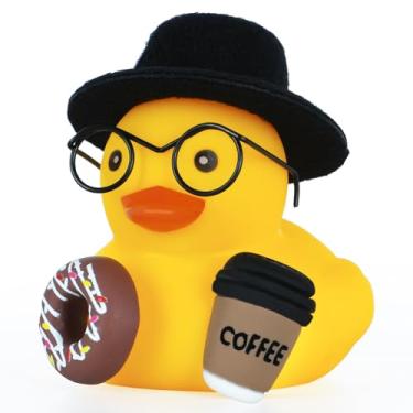 Imagem de AOT Pato de borracha para decoração de painel de carro com rosquinha de café, lembrancinhas de festa de pato estridente, recompensas de jogo, enfeite doméstico com óculos, chapéu de porco