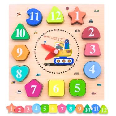 Imagem de Relógio Educativo de Madeira Infantil – Quebra-Cabeça de Encaixe com Números e Formas – Brinquedo para Aprender as Horas, Cores e Coordenação Motora (Rino)